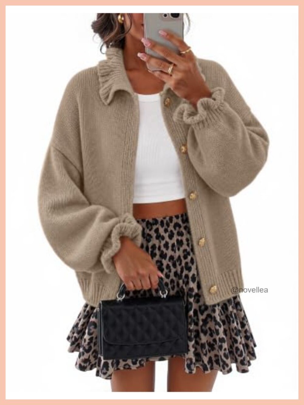 Chunky Knit Cardigan Ruffle Mock Neck Lantern Sleeve Fall Sweater